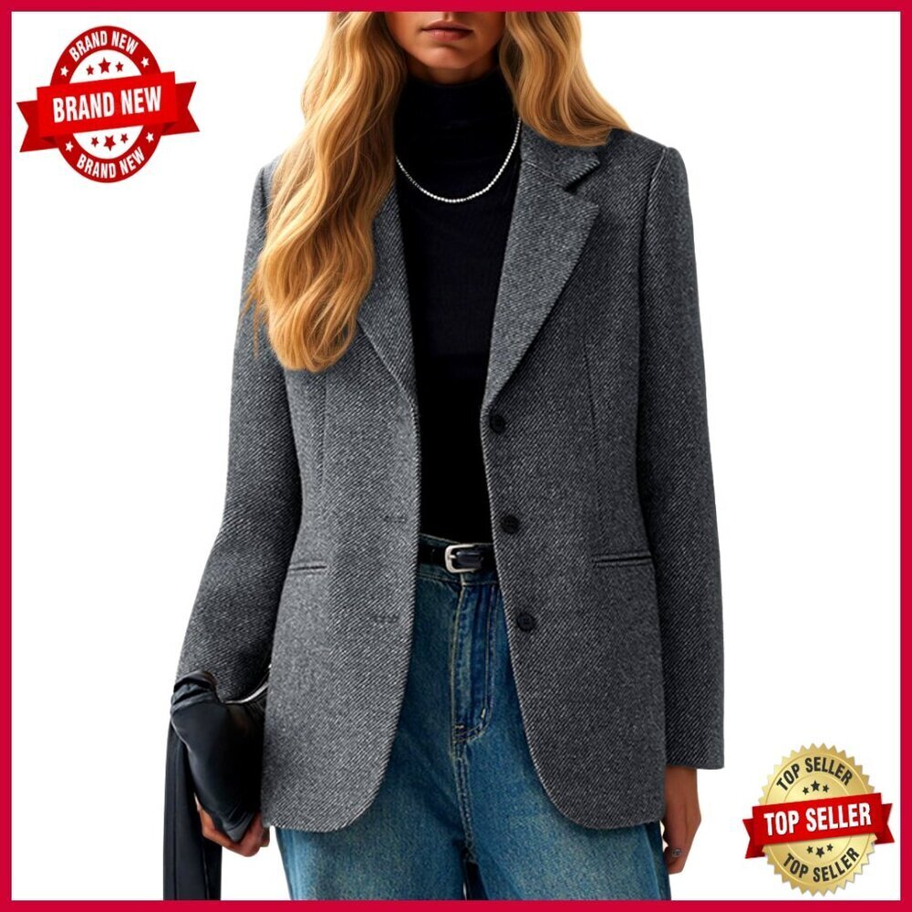 Herringbone Tweed Blazer Lapel Collar Business Casual Office Jacket